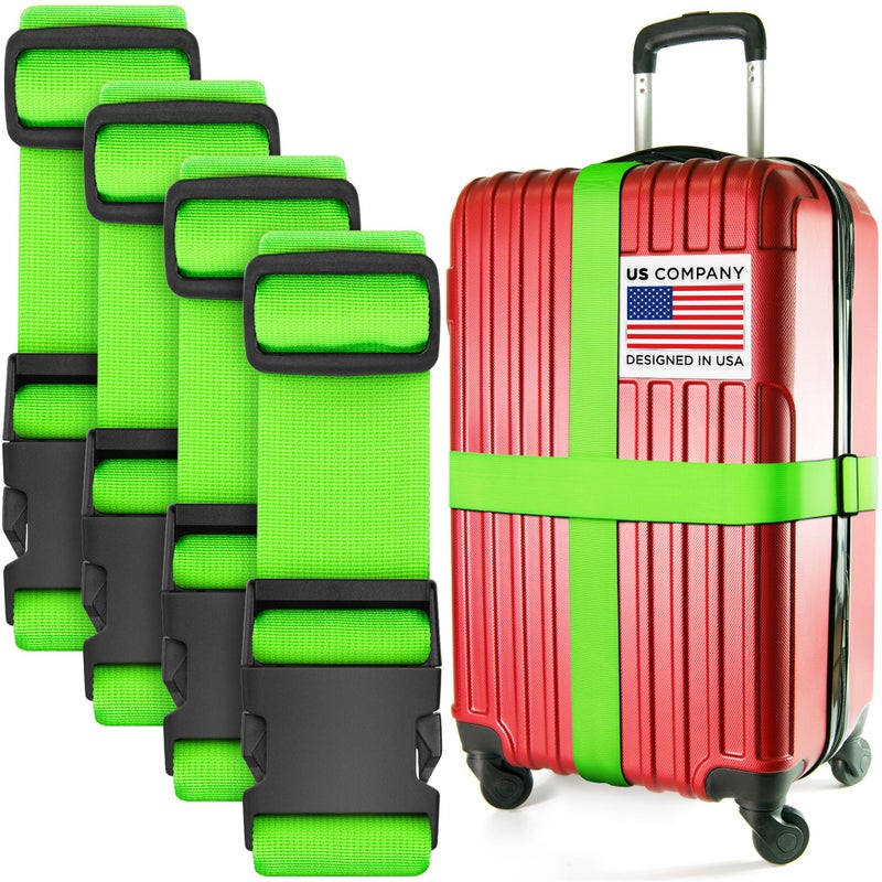 BlueCosto Luggage Straps for Suitcases - TSA Approved - Neon Green, 4 PK - Premium Nylon Belts for Suitcase, Briefcase & Travel Bag - Adjustable Strap Length 46" - 78" - Image 1